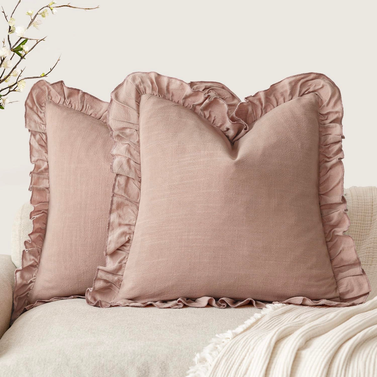 Foindtower Set of 2 Decorative Soild Fringe Ruffle Throw Pillow Covers Soft Boho Farmhouse Cushion Cover Cozy Accent Retro Pillowcase for Couch Sofa Bed Living Room Home Decor,20×20 Inch,Natural Beige