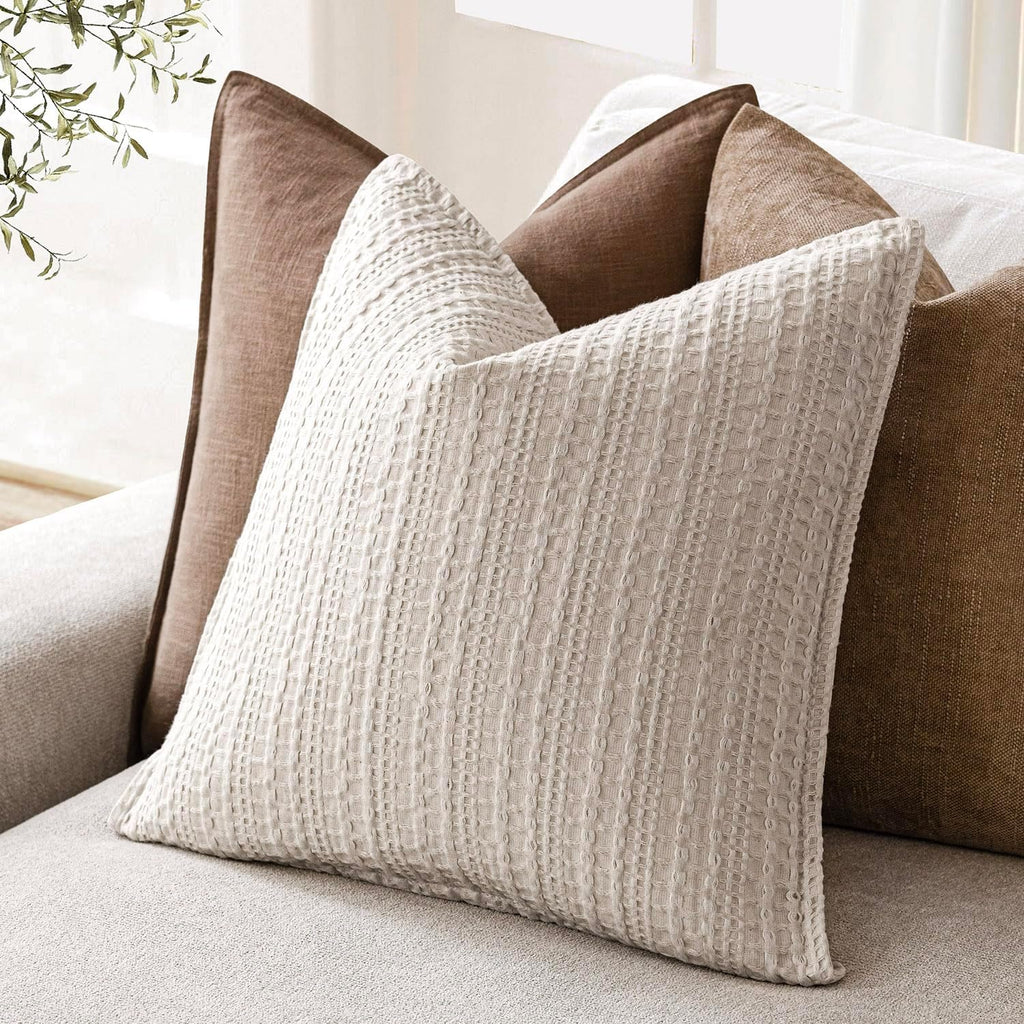 Foindtower Set of 2 Decorative Cotton Waffle Weave Textured Throw Pillow Covers Euro Sham Cushion Covers Accent European Pillowcase For Bed Couch Sofa Bedroom Living Room Home Decor 18×18 Inch Oatmeal