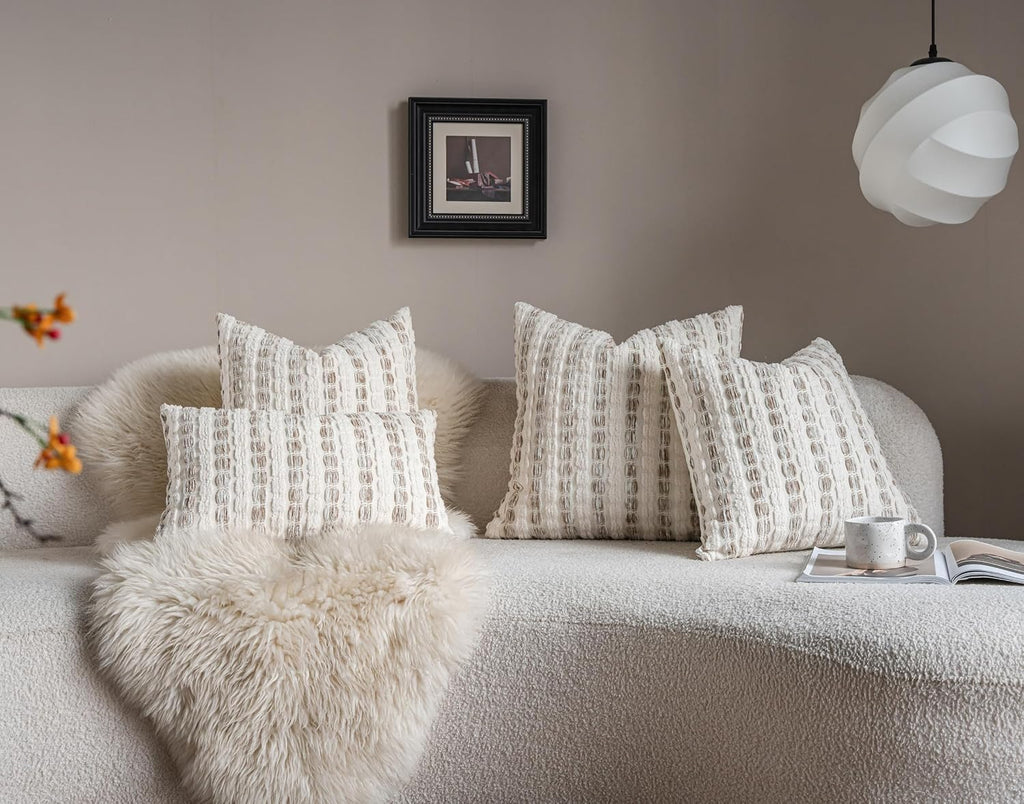 Caflife Beige Striped Chenille Boho Throw Pillow Covers 18x18 Inch Set of 2
