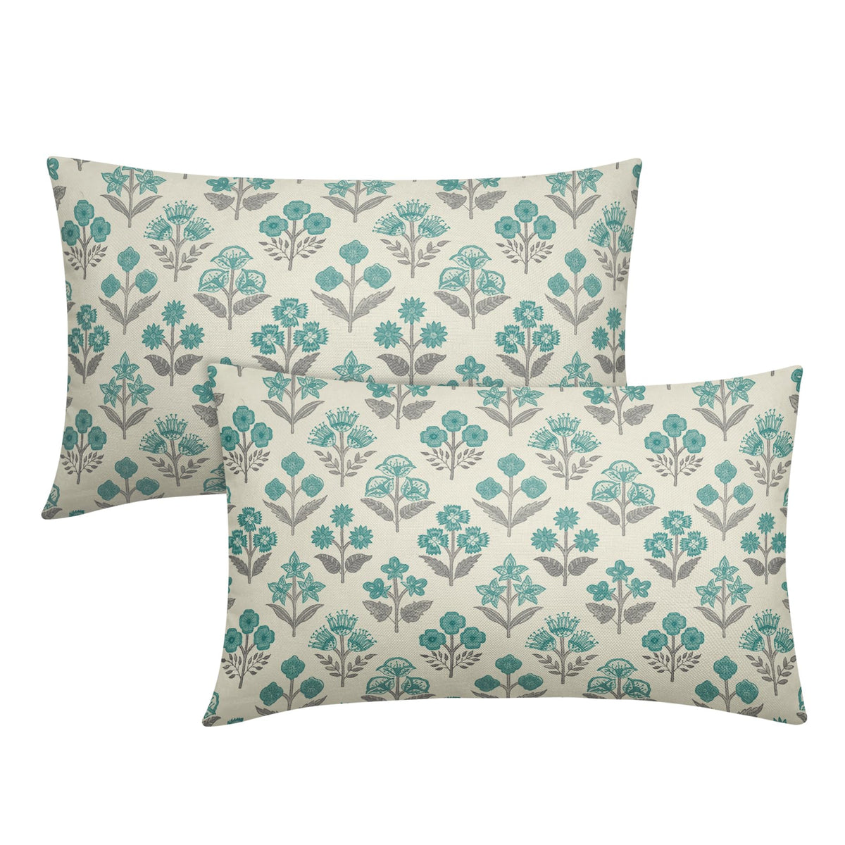 Blue Green Block Print Pillow Covers 18x18 Inch Set of 2, Vintage Floral Spring Decorative Throw Pillow Cases Boho Cushion Covers Rustic Decoration Gift Farmhouse Sofa Couch Bed Decor