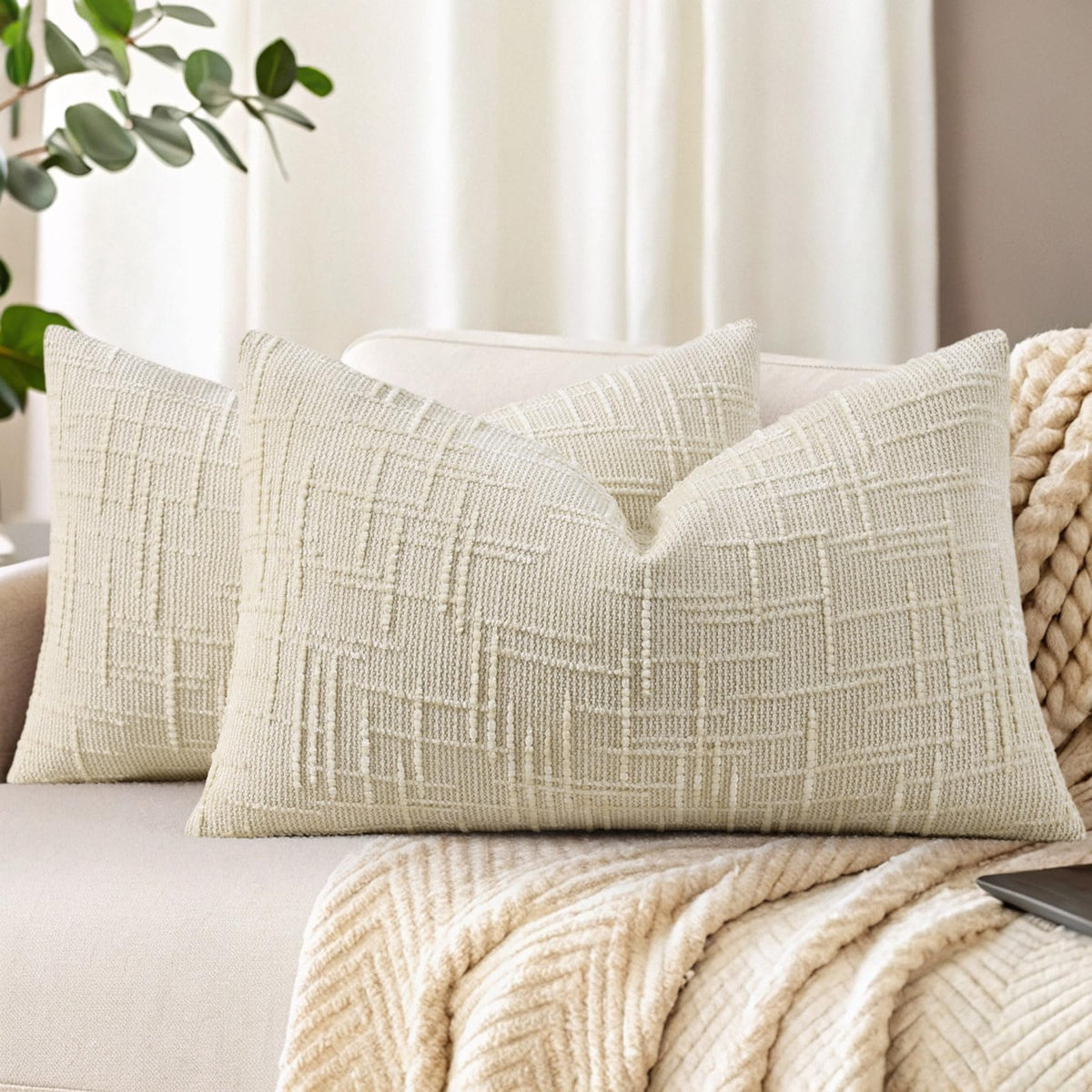 decorUhome Textured Chenille Throw Pillow Covers 18x18 Set of 2 Cream White