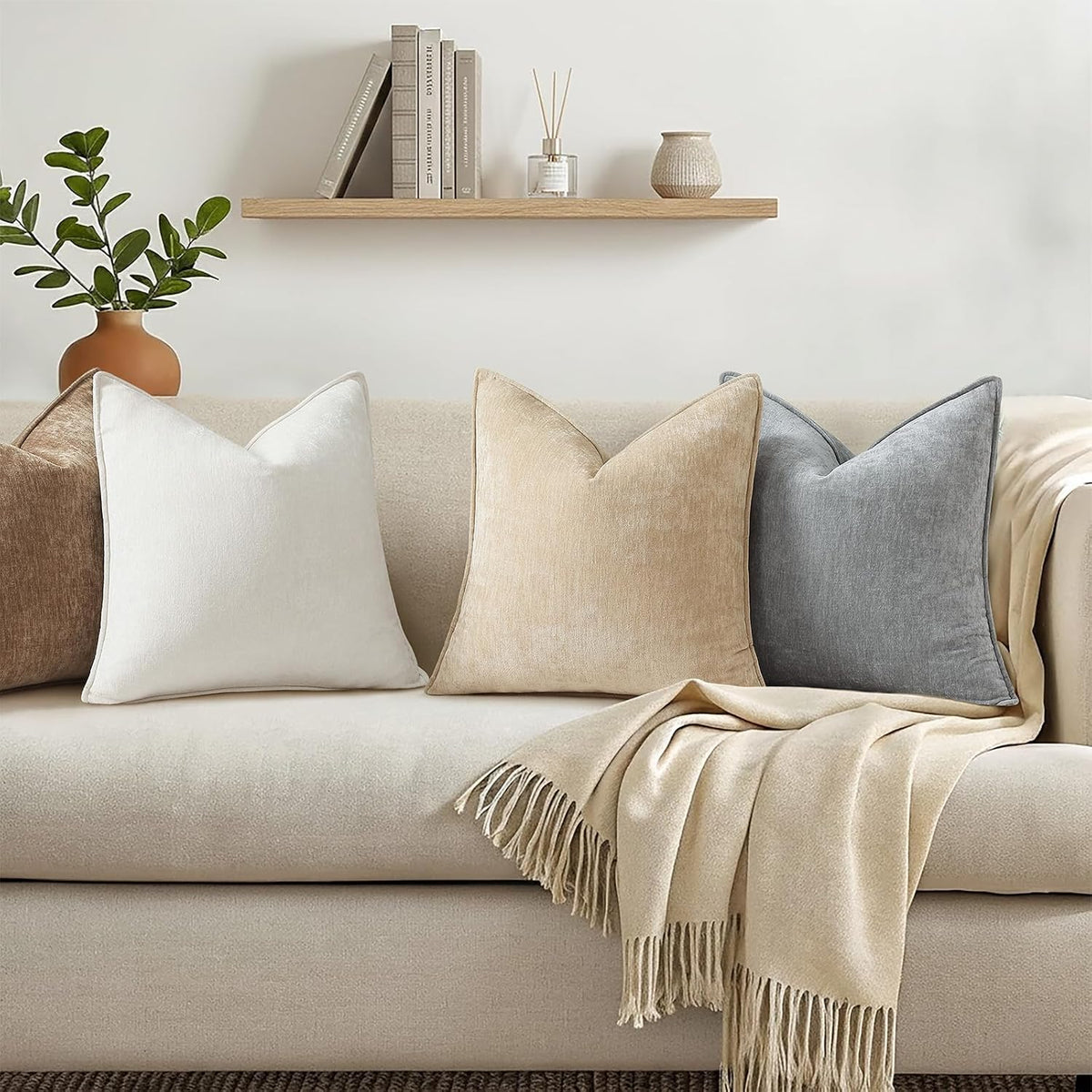 decorUhome Chenille Beige Velvet Throw Pillow Covers 18x18 Set of 2