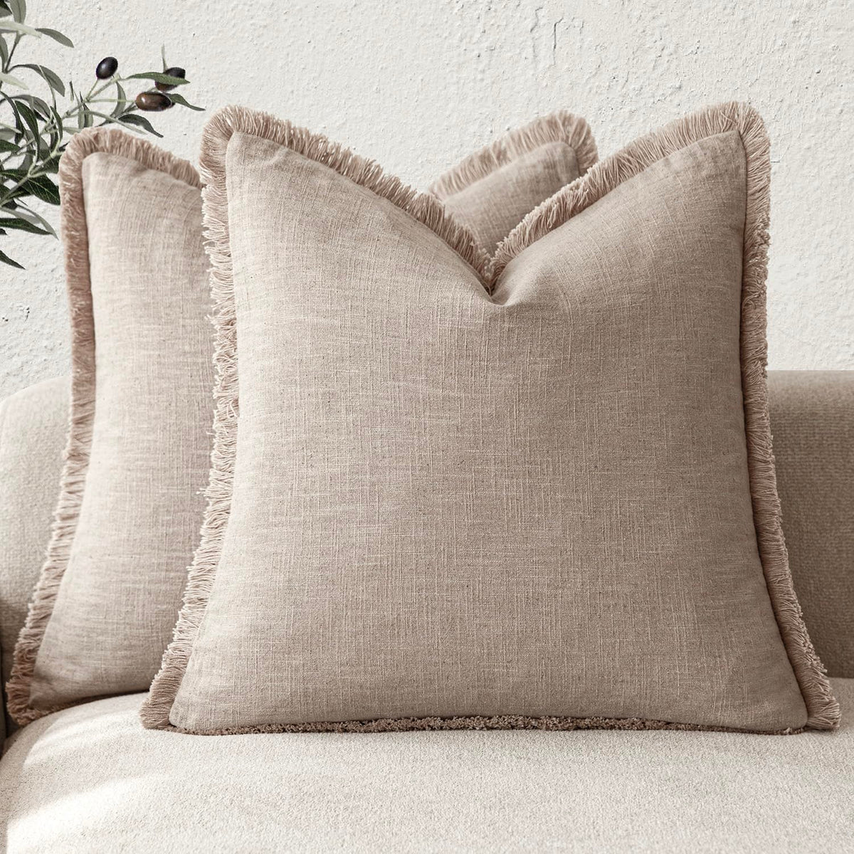 Foindtower Decorative Linen Fringe Throw Pillow Covers 20×20 Inch,Beige