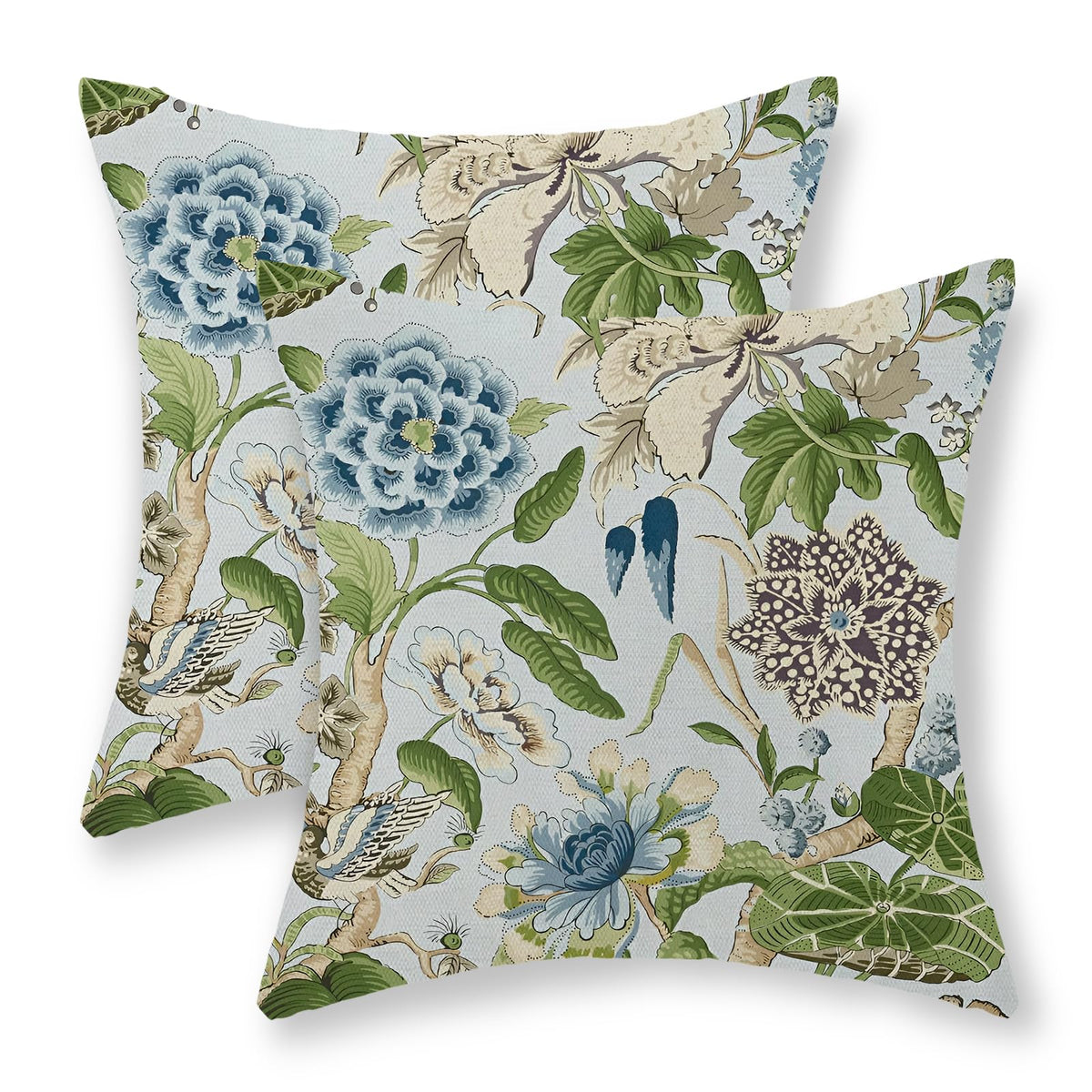 Chinoiserie Pillow Covers 18x18 Set of 2 Blue Green Bird Floral Throw Pillows Vintage Blue Flowers Decorations Outdoor Pillowcase Chinoiserie Decor Farmhouse Linen Cushion Case for Couch Home