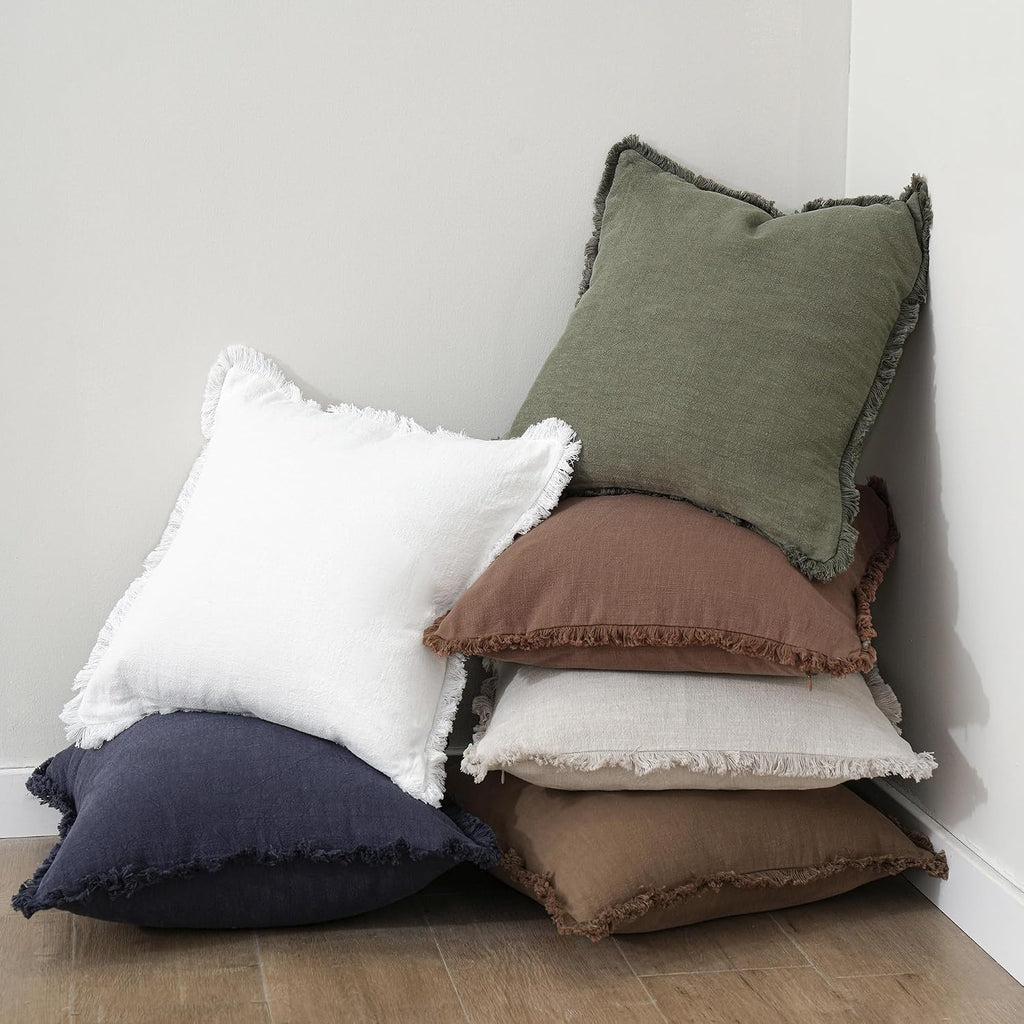 Foindtower Decorative Linen Fringe Throw Pillow Covers 18×18 Olive Green