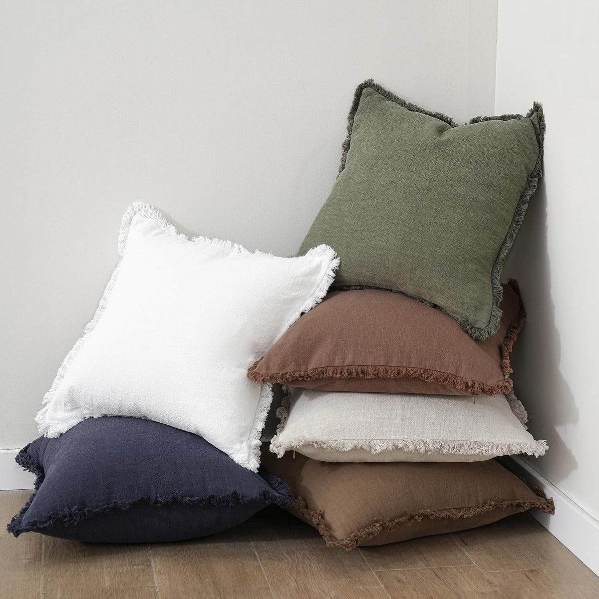 Foindtower Decorative Linen Fringe Throw Pillow Covers 18×18 Olive Green