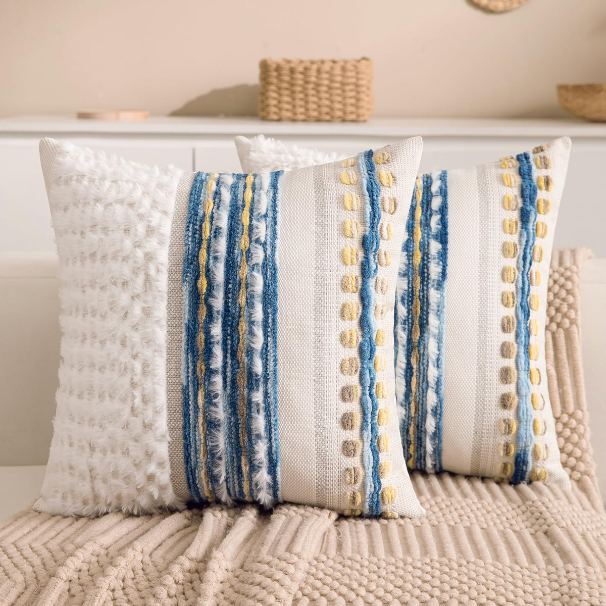 Boho Chenille Tufted Couch Throw Pillow Covers 18x18 Inch Set of 2 Farmhouse Striped Decorative Pillow Covers Accent Neutral Square Pillowcase Green Cushion Covers for Livingroom Sofa Bed