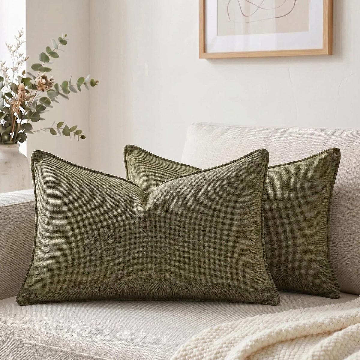 Fancy Homi Set of 2 Sage Green 12x20 Inch Soft Chenille Decorative Throw Pillow Covers with Flange Edge, Lumbar Neutral Modern Boho Textured Cushion Case Home Decor for Couch Sofa Bed Living Room