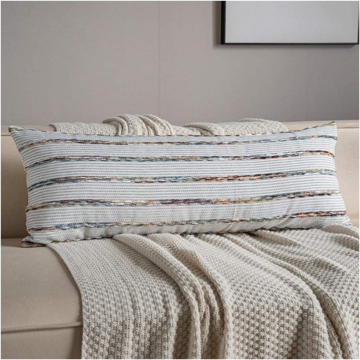 Caflife Beige Striped Chenille Boho Throw Pillow Covers 18x18 Inch Set of 2