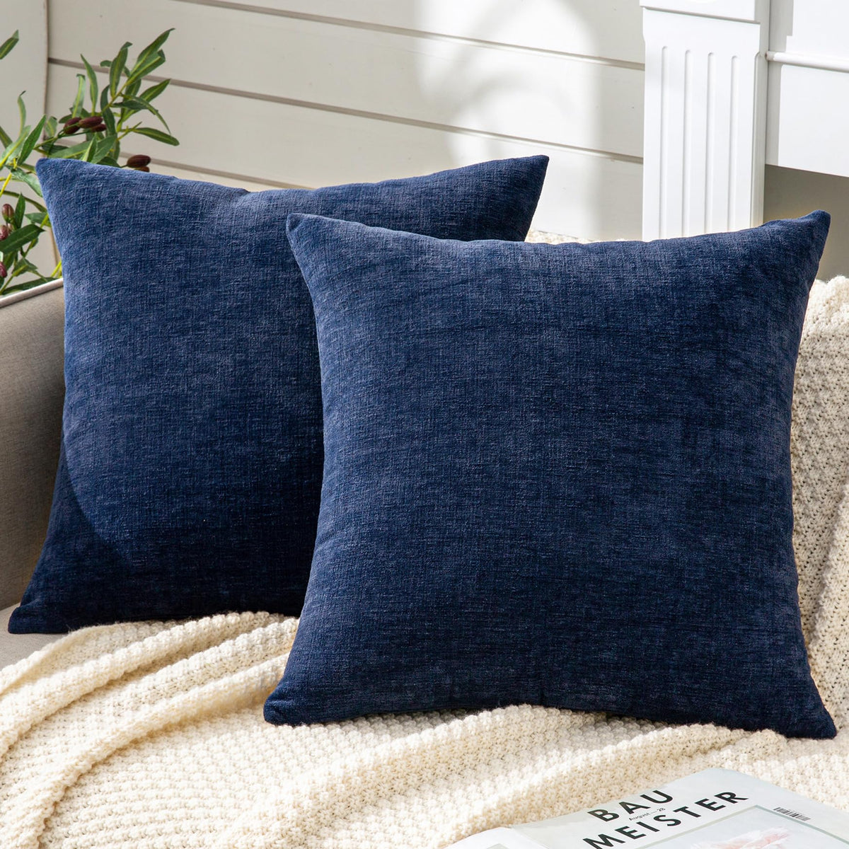 GAWAMAY Lumbar Support Pillow Decorative Rectangle Throw Pillow Covers 12"x20" Inch Set of 2, Soft Chenille Pillowcase for Living Room Bedroom Sofa Couch Cushion Cover Navy Blue 30x50cm (ONLY Covers)