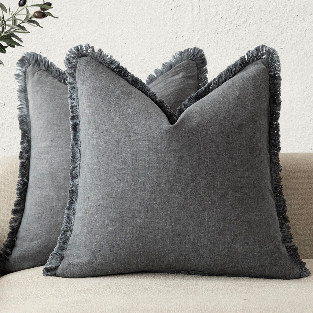Foindtower Decorative Linen Fringe Throw Pillow Covers 20×20 Inch,Beige