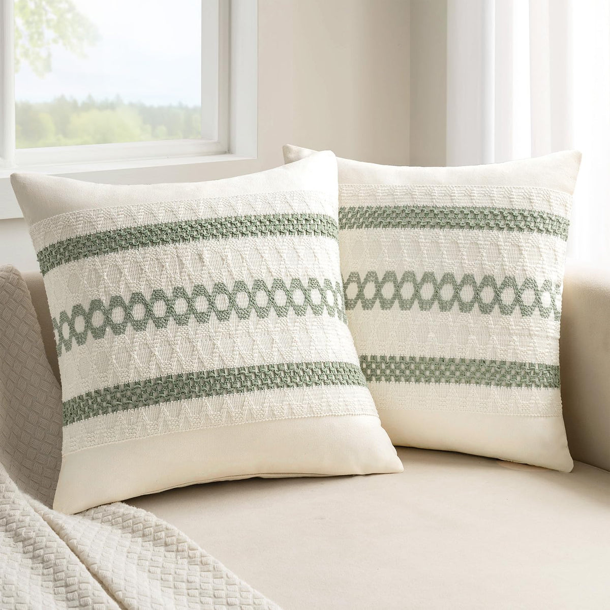 MIULEE Set of 2 Sage Green Boho Decorative Pillow Covers 18x18 Inch