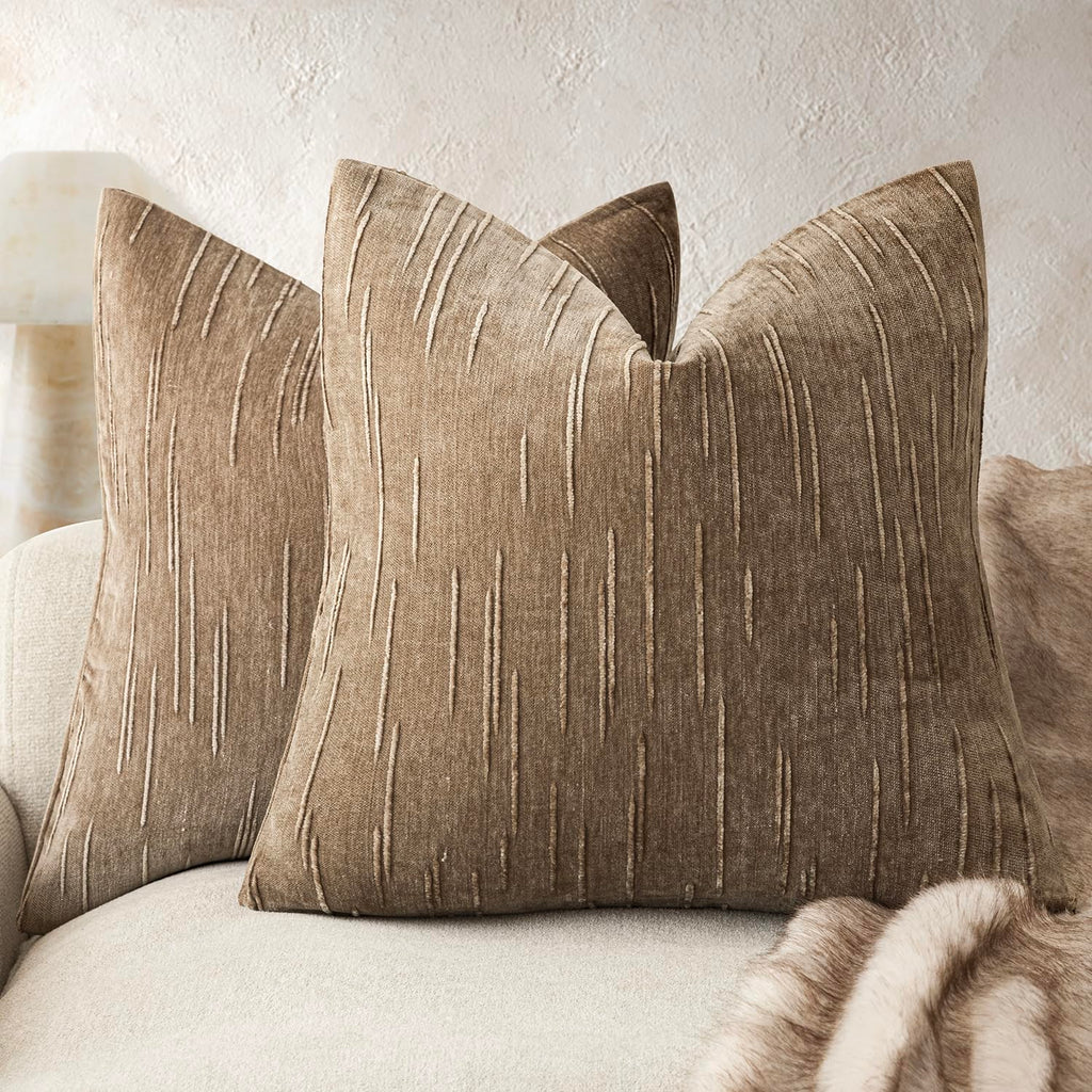 Foindtower Pack of 2 Slubby Textured Chenille Throw Decorative Pillow Covers Square Accent Solid Cushion Cover Neutral Farmhouse Pillow Case for Sofa Bedroom Living Room 18x18 Inch,Dark Olive Green