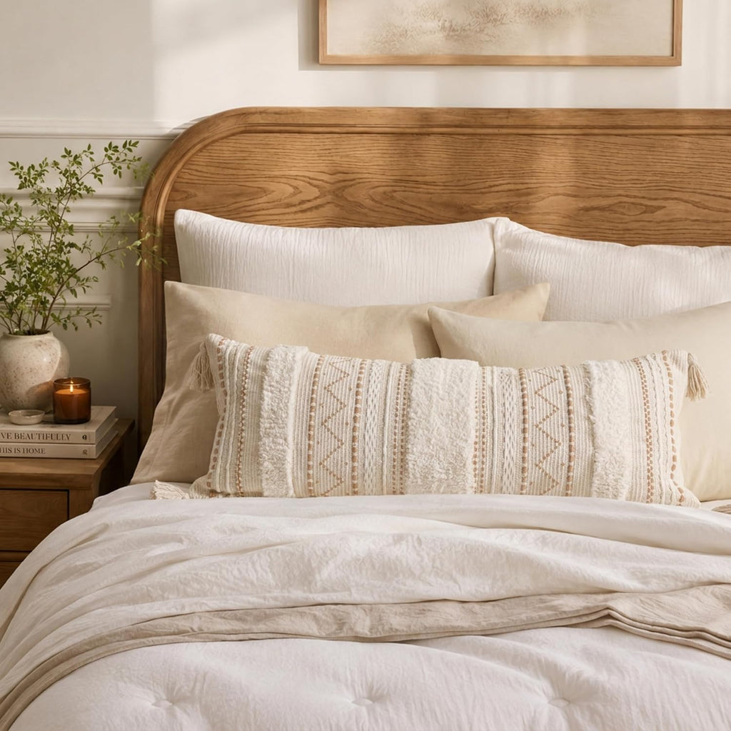 BlissBlush 14x36 Lumbar Pillow Cover for Bed, Rectangular Long Decorative Throw Pillowcase, Boho Accent Cushion with Tufted Pattern and Tassels, Cream Beige Neutral (Cover Only)