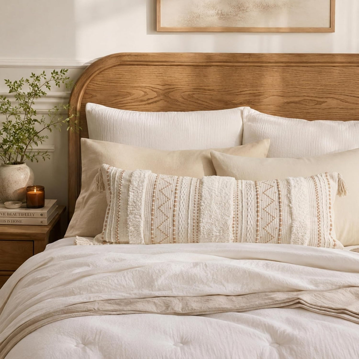 BlissBlush 14x36 Lumbar Pillow Cover for Bed, Rectangular Long Decorative Throw Pillowcase, Boho Accent Cushion with Tufted Pattern and Tassels, Cream Beige Neutral (Cover Only)