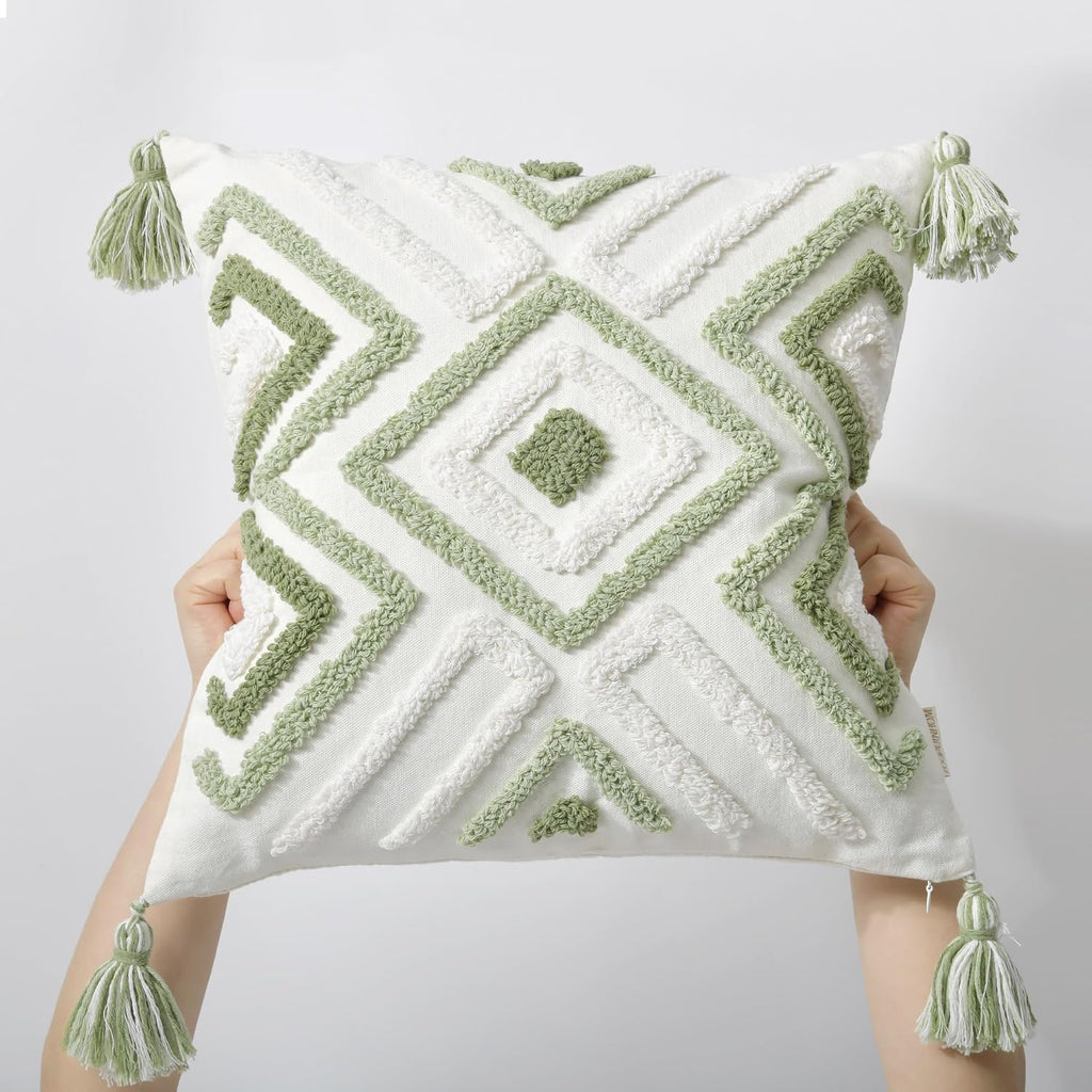 Boho Pillow Covers 18X18 Inch Boho Tufted Throw Pillow Covers Decorative Tassels Cushion Cover Farmhouse Pillow Case for Couch Sofa Bed Living Room Bedroom, Green
