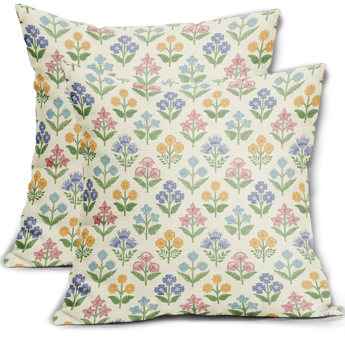 Blue Green Block Print Pillow Covers 18x18 Inch Set of 2, Vintage Floral Spring Decorative Throw Pillow Cases Boho Cushion Covers Rustic Decoration Gift Farmhouse Sofa Couch Bed Decor