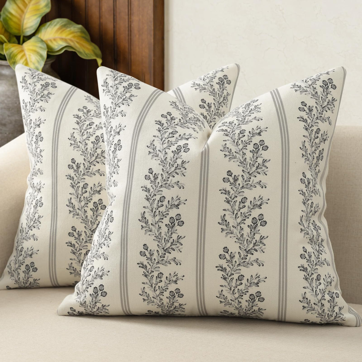 Vintage Throw Pillow Covers 18x18 Set of 2, Striped Floral Pillow Cover Botanical Patterned Decorative Cushion Covers Modern Farmhouse Home Decor for Sofa Couch Bed Living Room, Light Brown