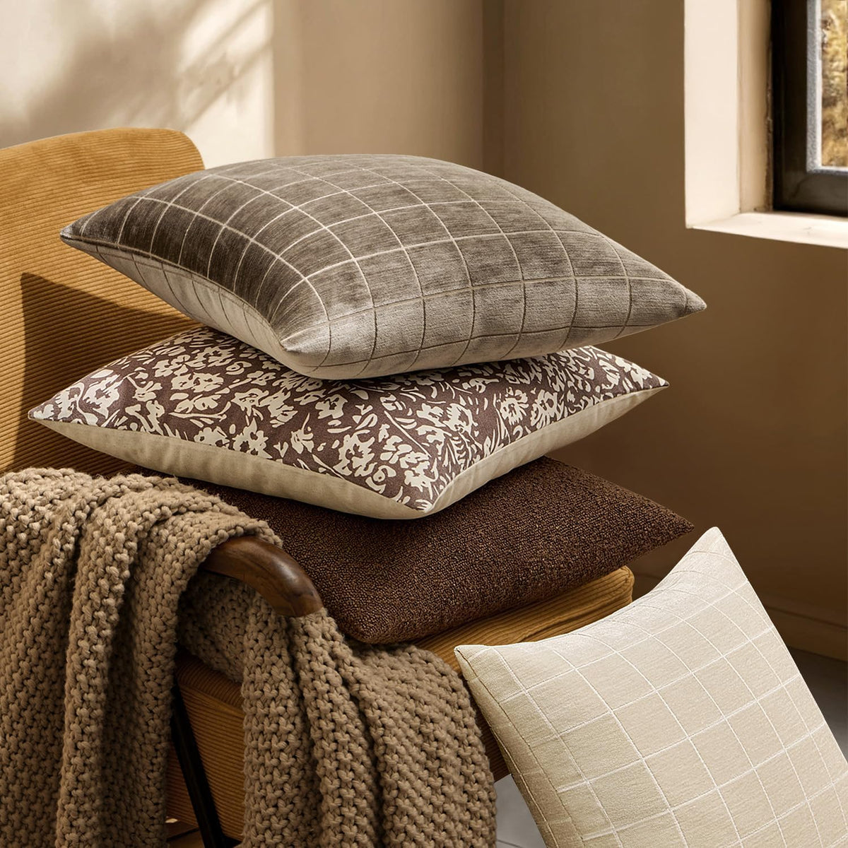 MIULEE Taupe Grey Plaid Decorative Fall Throw Pillow Covers 20x20 Set of 2