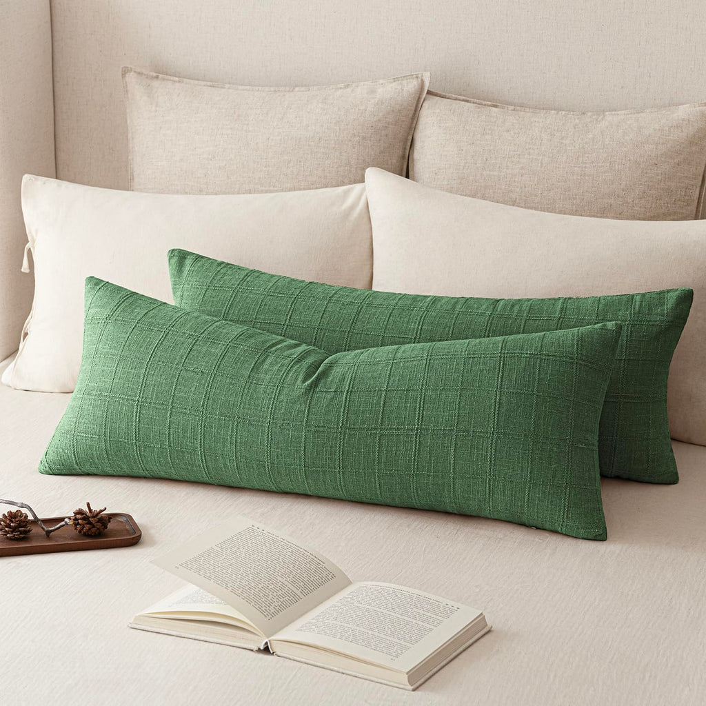 Foindtower Boho Linen Check Decorative Throw Pillow Cover 20×20 Olive Green