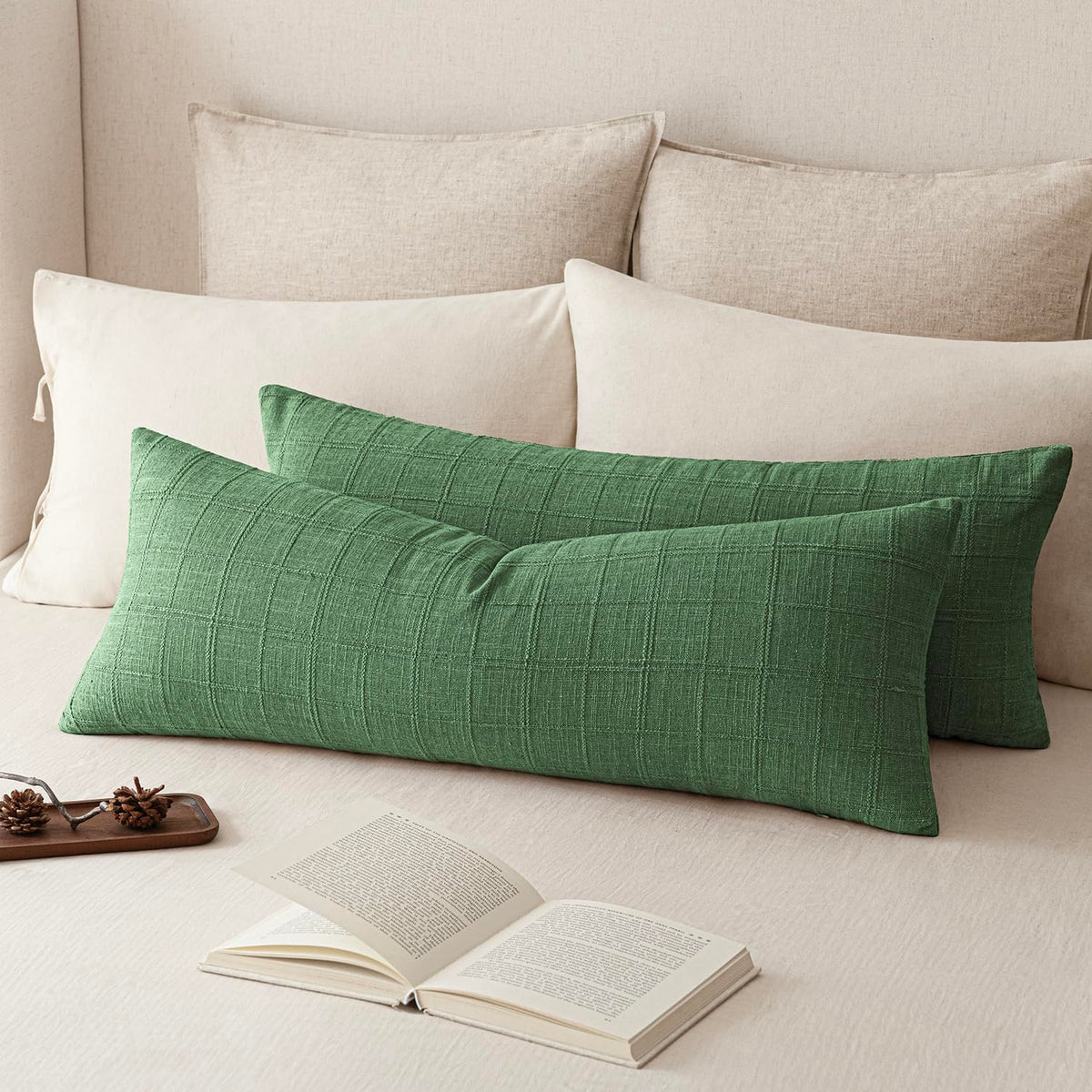 Foindtower Boho Linen Check Decorative Throw Pillow Cover 20×20 Olive Green