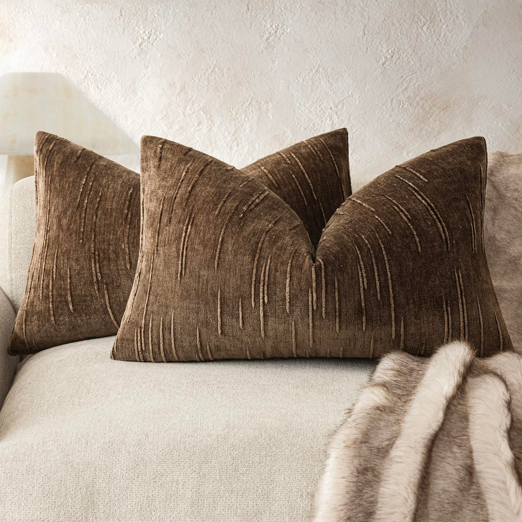 Foindtower Pack of 2 Slubby Textured Chenille Throw Decorative Pillow Covers Square Accent Solid Cushion Cover Neutral Farmhouse Pillow Case for Sofa Bedroom Living Room 18x18 Inch,Dark Olive Green