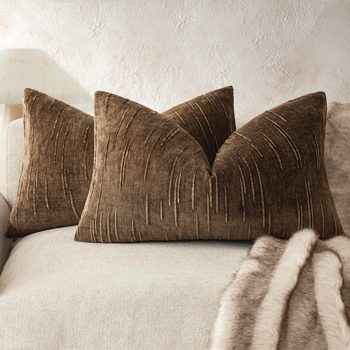 Foindtower Pack of 2 Slubby Textured Chenille Throw Decorative Pillow Covers Square Accent Solid Cushion Cover Neutral Farmhouse Pillow Case for Sofa Bedroom Living Room 18x18 Inch,Dark Olive Green