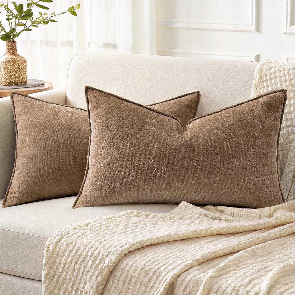 decorUhome Chenille Beige Velvet Throw Pillow Covers 18x18 Set of 2