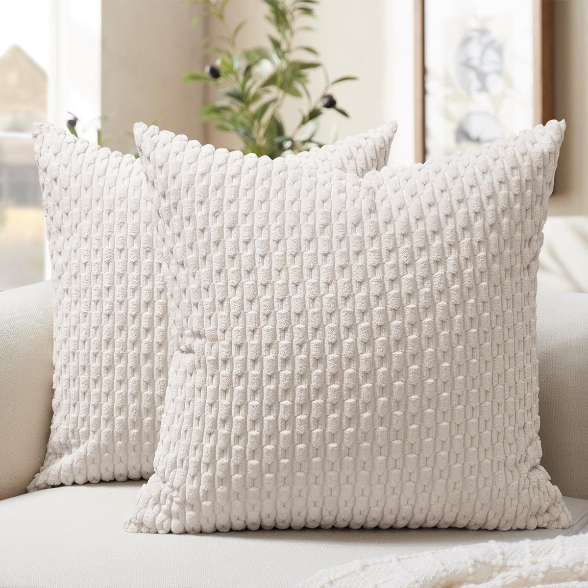 Softalker Corduroy Decorative Throw Pillow Covers 18x18, Set of 2, Beige