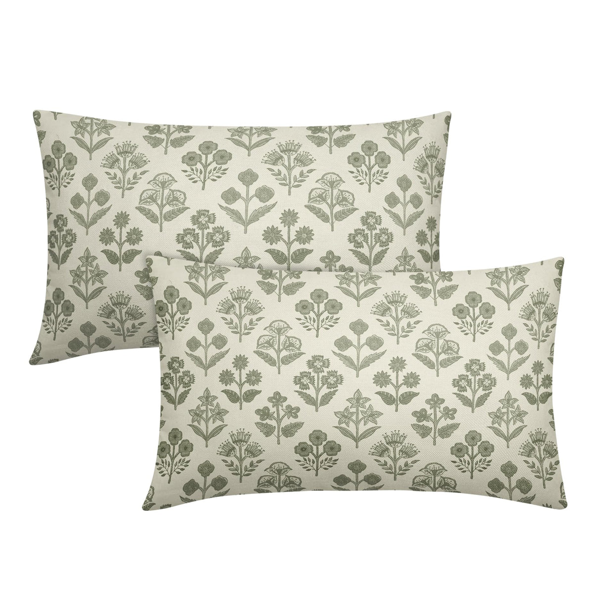 Blue Green Block Print Pillow Covers 18x18 Inch Set of 2, Vintage Floral Spring Decorative Throw Pillow Cases Boho Cushion Covers Rustic Decoration Gift Farmhouse Sofa Couch Bed Decor