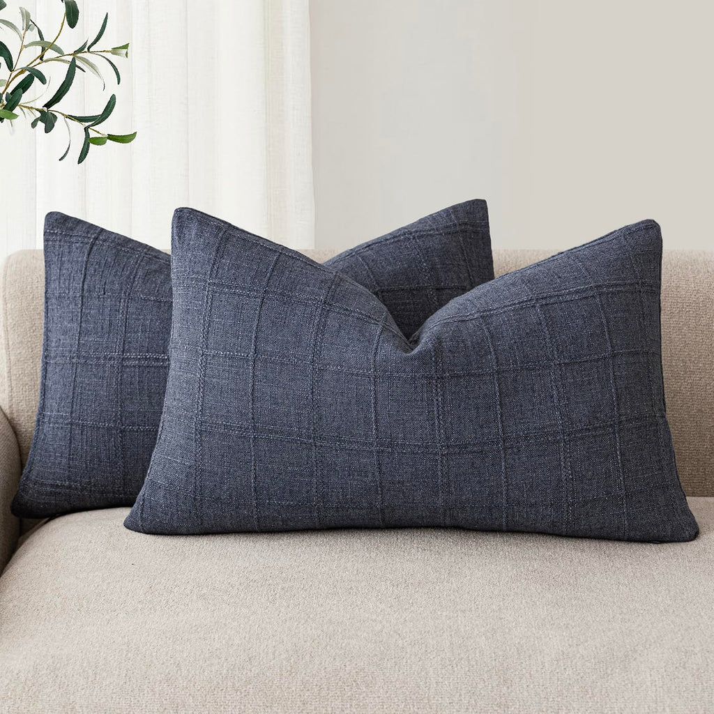 Foindtower Boho Linen Check Decorative Throw Pillow Cover 20×20 Olive Green
