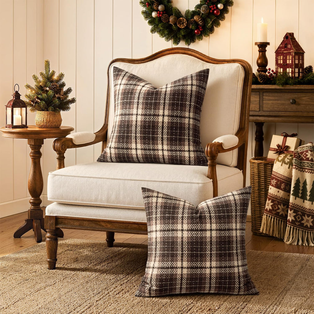 MIULEE Tartan Plaid Throw Pillow Covers Fall 18x18 Inch Coffee Brown