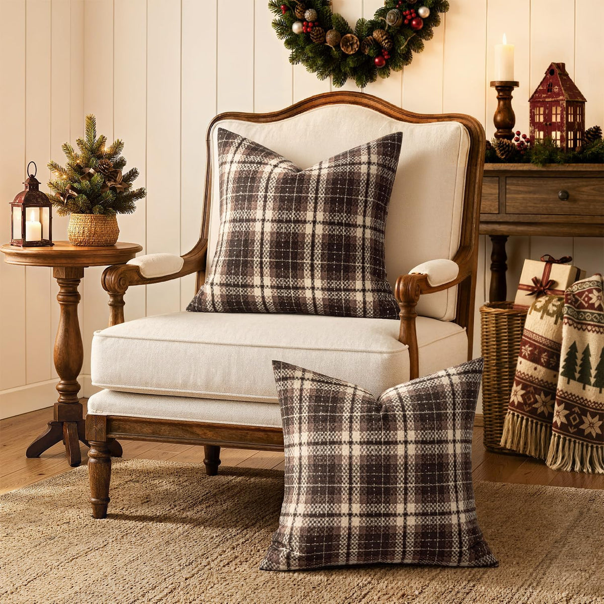 MIULEE Tartan Plaid Throw Pillow Covers Fall 18x18 Inch Coffee Brown