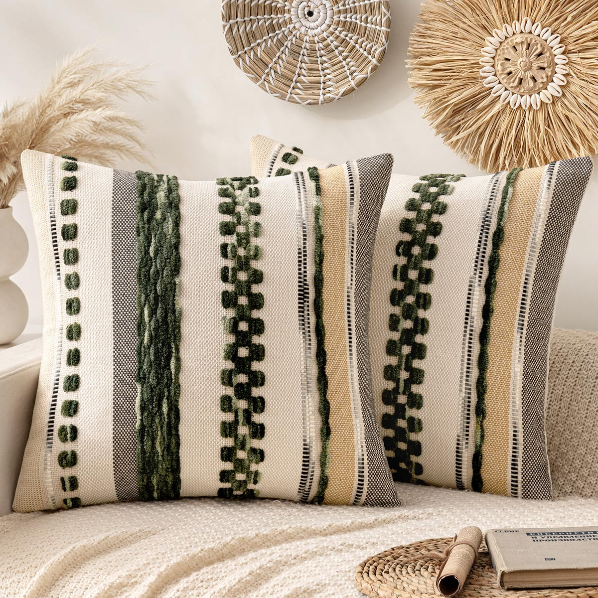 ANRODUO Boho Decorative Pillow Covers Olive Green Stripe 18x18 Pack of 2