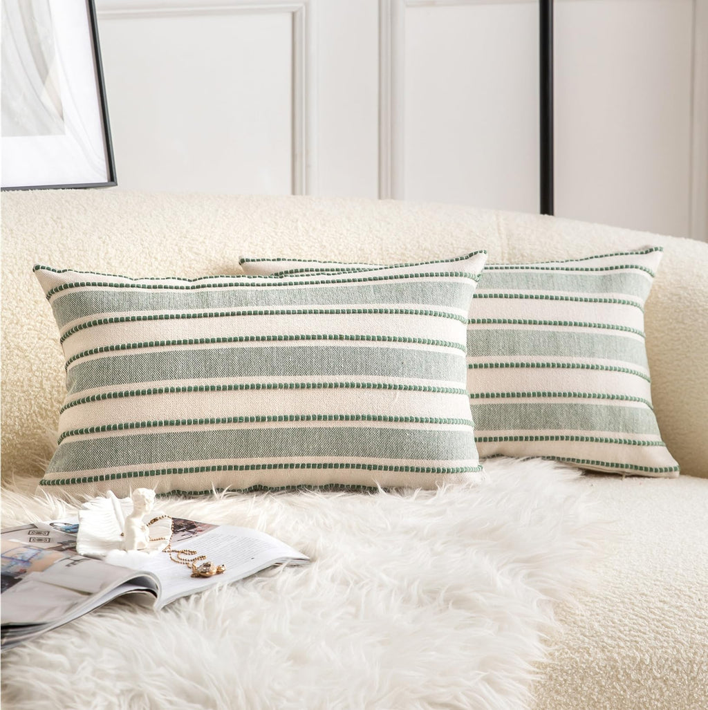 Cethom Decorative Boho Throw Pillow Covers, Farmhouse Textured Pillow Case, 20 x 20 Inch Set of 2, Chair Sofa Bedroom Living Room Home Decor Couch Cushion Case, Classic Blue and Beige Striped
