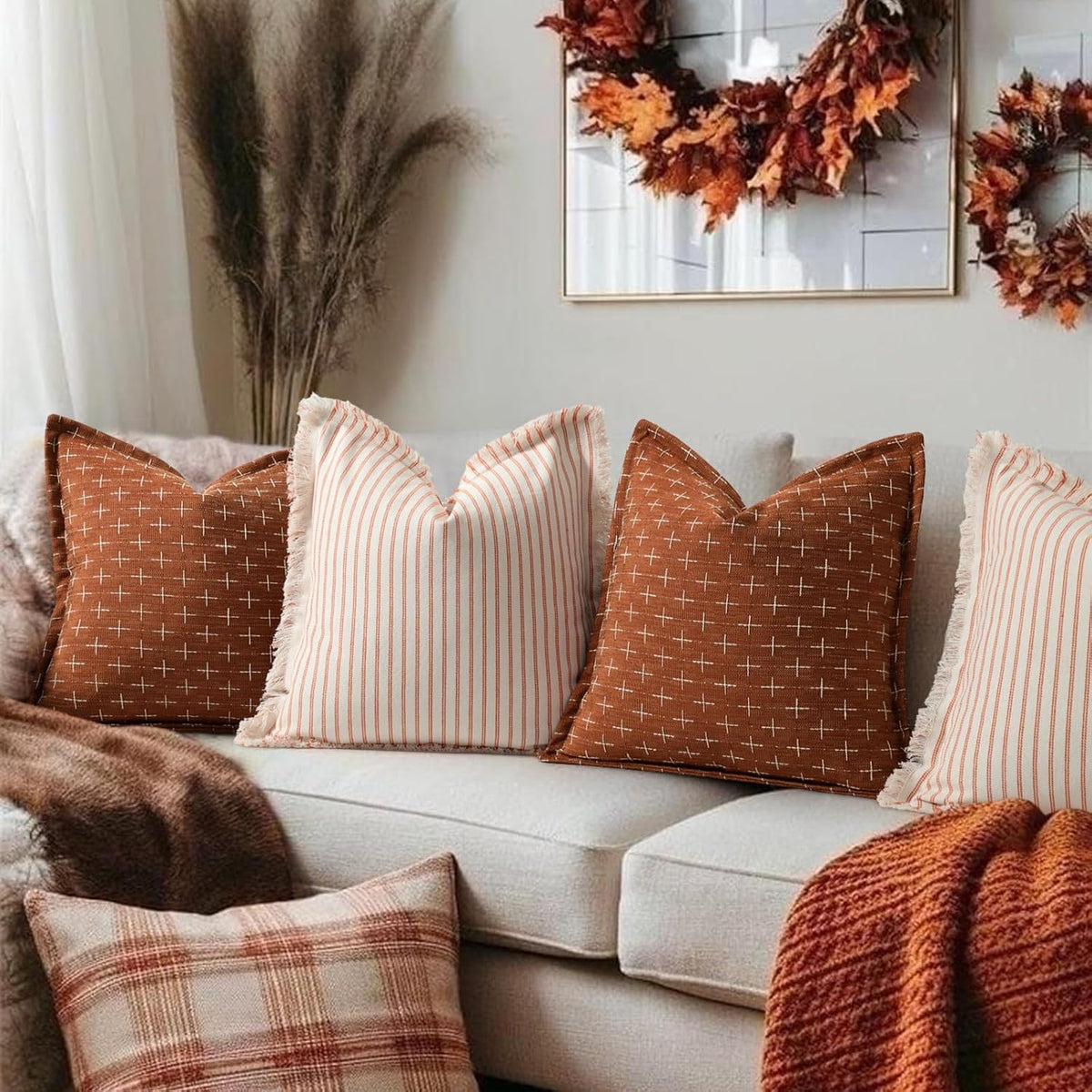 ZWJD Fall Pillow Covers 20x20 Set of 2 Soft Polyester Textured Rust Pillow Covers with Stylish Flange Edge Cozy Farmhouse Throw Pillows for Couch Bed Sofa Living Room Fall Decor