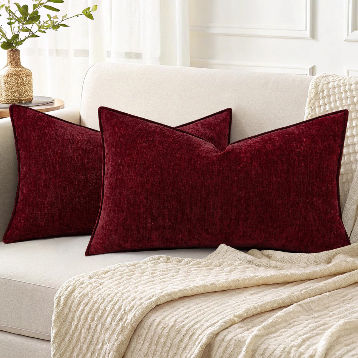 decorUhome Chenille Beige Velvet Throw Pillow Covers 18x18 Set of 2