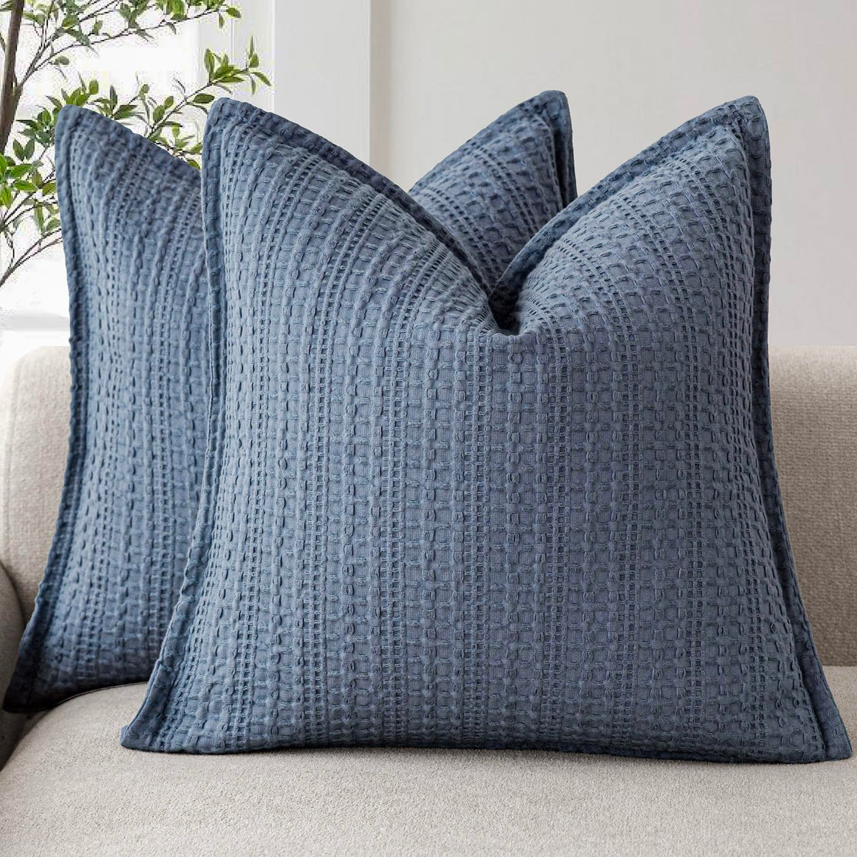 Foindtower Set of 2 Decorative Cotton Waffle Weave Textured Throw Pillow Covers Euro Sham Cushion Covers Accent European Pillowcase For Bed Couch Sofa Bedroom Living Room Home Decor 18×18 Inch Oatmeal