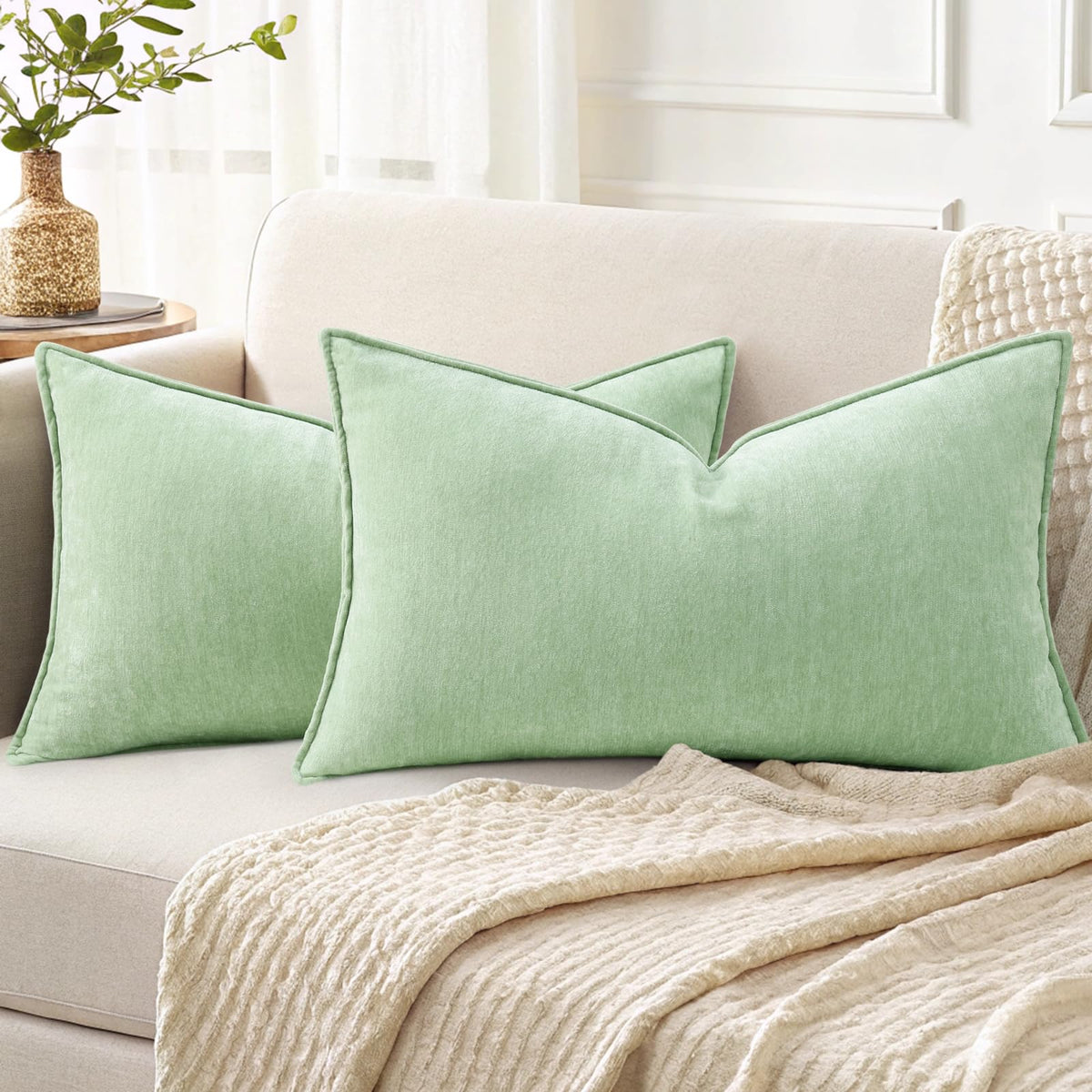 decorUhome Chenille Beige Velvet Throw Pillow Covers 18x18 Set of 2