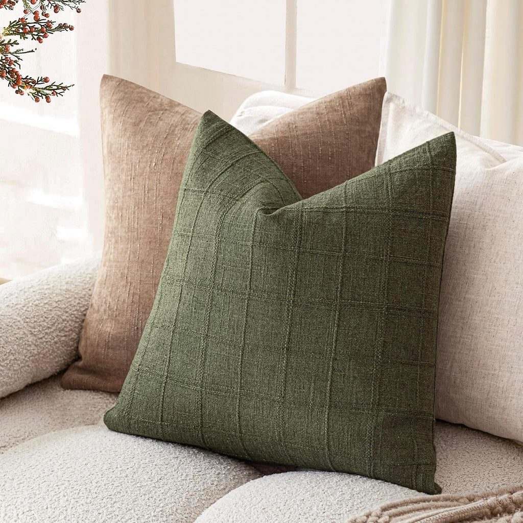 Foindtower Boho Linen Check Decorative Throw Pillow Cover 20×20 Olive Green