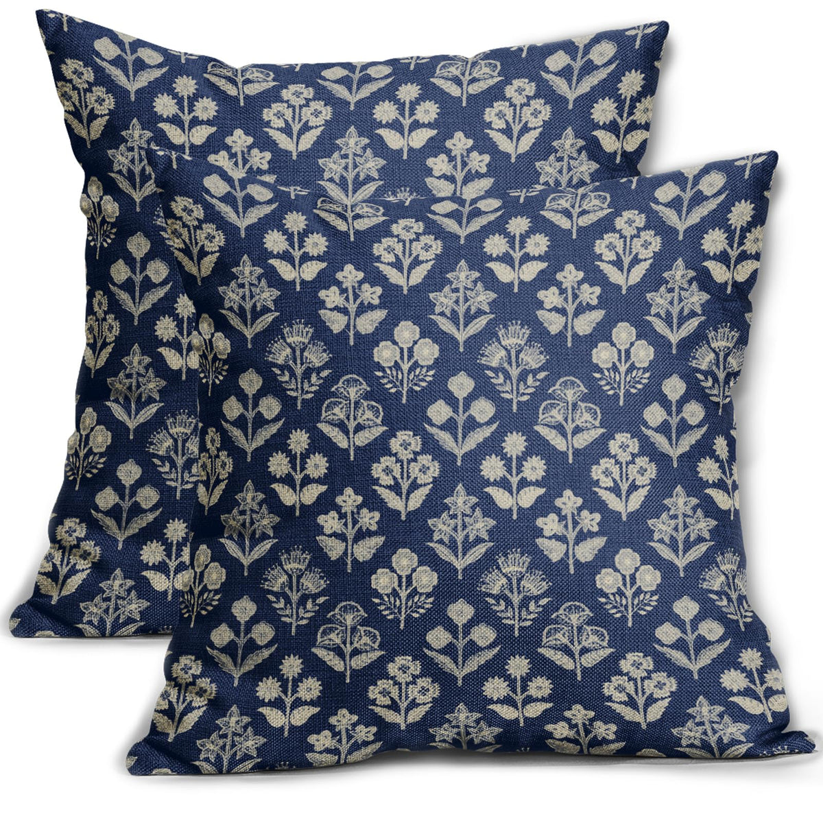 Blue Green Block Print Pillow Covers 18x18 Inch Set of 2, Vintage Floral Spring Decorative Throw Pillow Cases Boho Cushion Covers Rustic Decoration Gift Farmhouse Sofa Couch Bed Decor