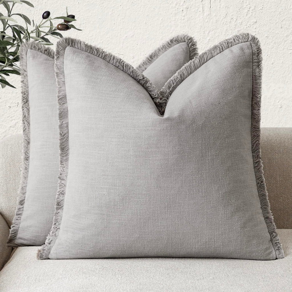 Foindtower Decorative Linen Fringe Throw Pillow Covers 20×20 Inch,Beige