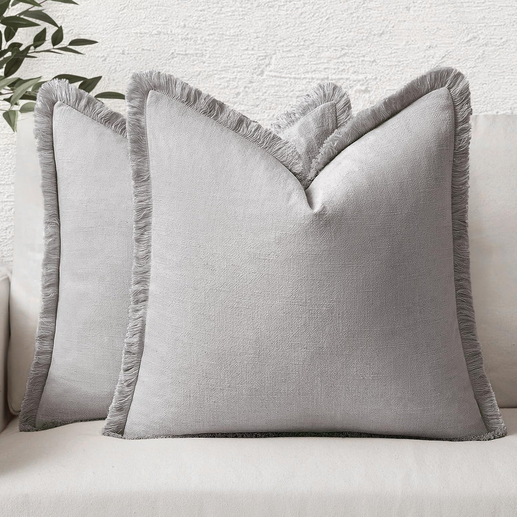 MIULEE Linen Fringe Decorative Throw Pillow Covers Natural Beige 20x20