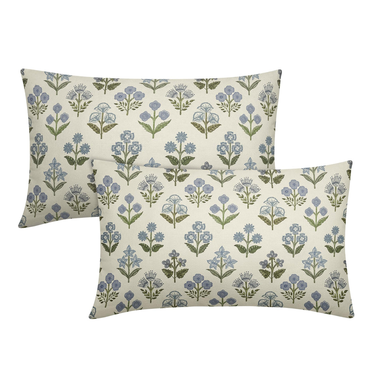 Blue Green Block Print Pillow Covers 18x18 Inch Set of 2, Vintage Floral Spring Decorative Throw Pillow Cases Boho Cushion Covers Rustic Decoration Gift Farmhouse Sofa Couch Bed Decor