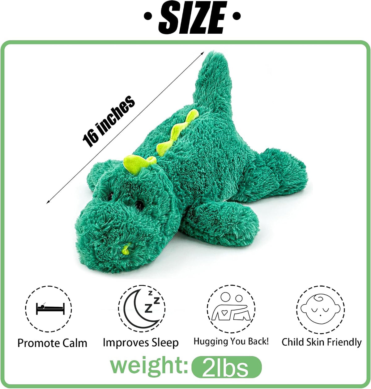 YOUBLEK 16" 2 Lb Green Dinosaur Weighted Stuffed Animals, Plush Pillow Toy