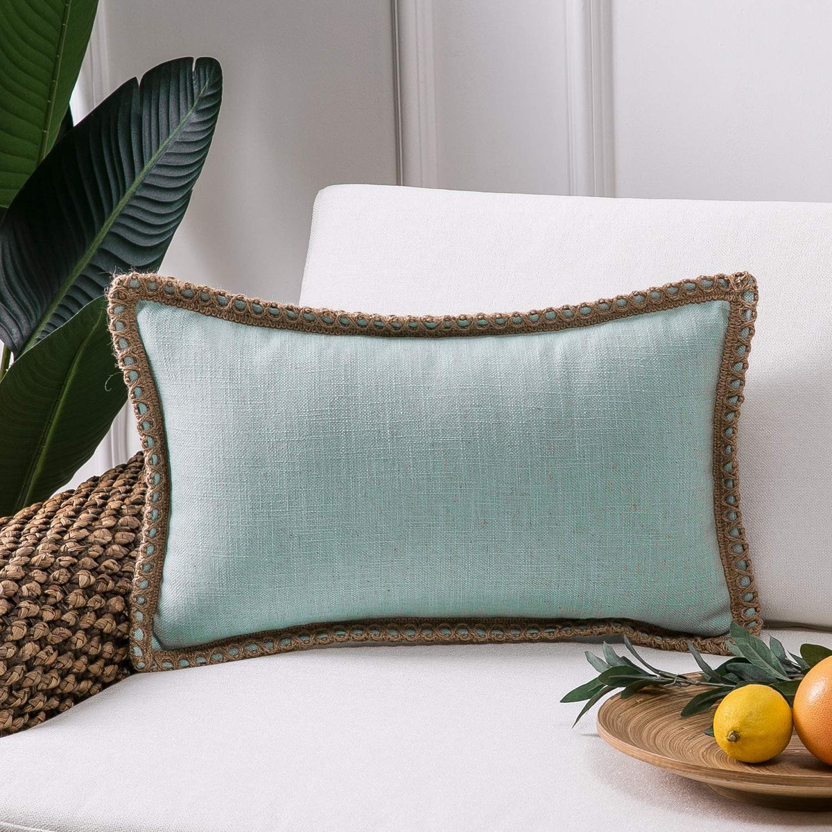 Phantoscope Pack of 2 Farmhouse Decorative Solid Throw Decorative Pillow Cover Burlap Linen Trimmed Tailored Edges Navy Blue 18 x 18 inches, 45 x 45 cm