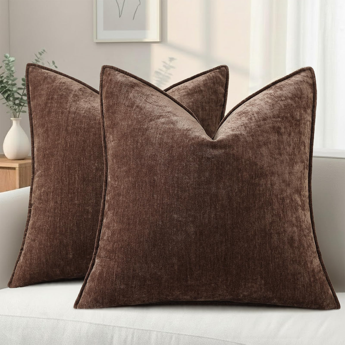 decorUhome Chenille Beige Velvet Throw Pillow Covers 18x18 Set of 2