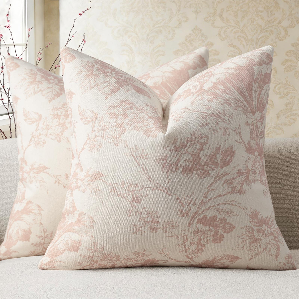 Buenohuas Farmhouse Decorative Pillow Covers 18x18 Set of 2, Vintage Botanical Floral Patterned Cushion Covers for Sofa Couch Chair Bed Living Room Home Decor Accents, Olive Green