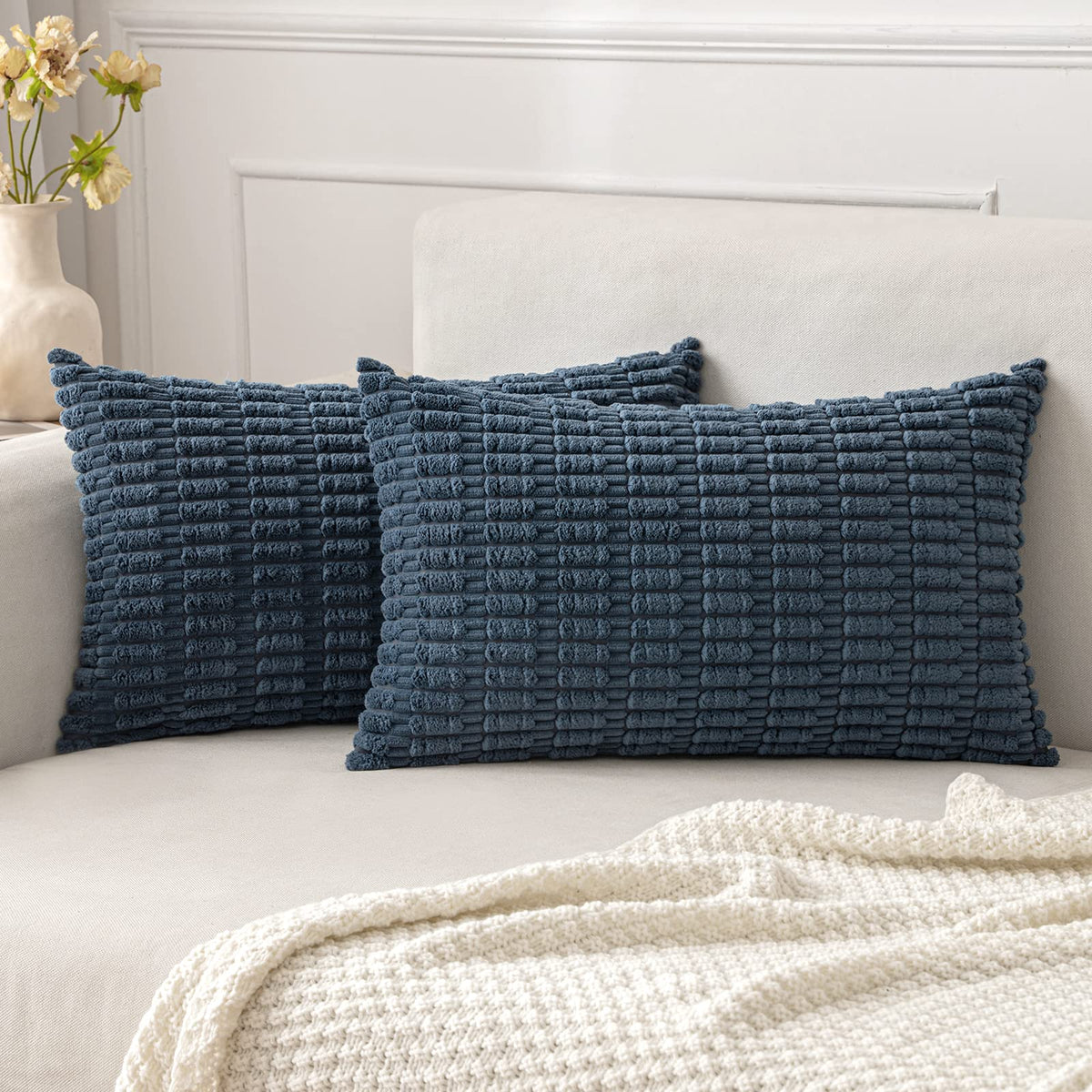 MIULEE Lumbar Corduroy Decorative Throw Pillow Covers 12x20 Cream White