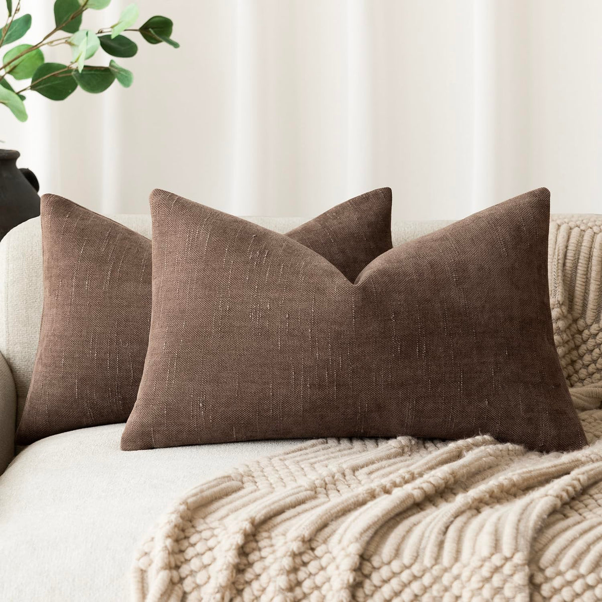 Foindtower Solid Textured Chenille Throw Pillow Covers 20x20 Inch,Taupe